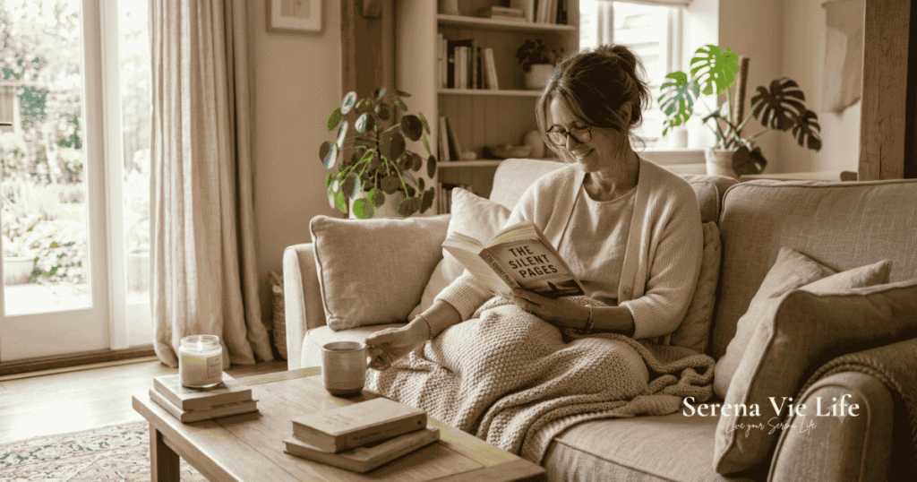 woman enjoying a self-care sunday at home with tea and a book