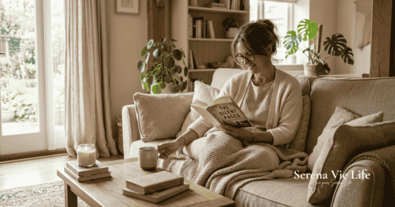 self-care sunday ideas — woman enjoying a self-care sunday at home with tea and a book