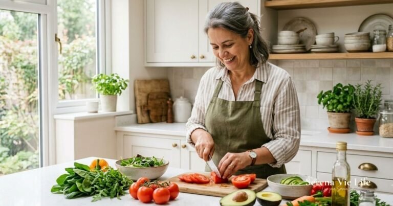 woman over 50 preparing anti-inflammatory foods in a bright kitchen
