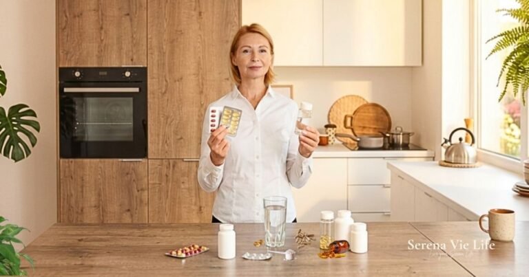 best menopause supplements for women over 50 — woman organizing supplements on kitchen counter