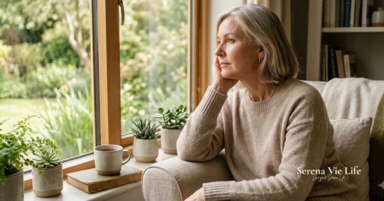 feeling sad for no reason after 45 — woman looking thoughtfully out a window