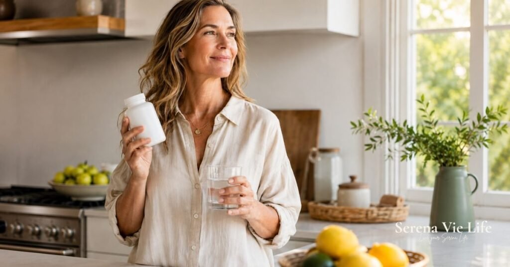 woman over 50 holding hormone-free menopause supplements in her kitchen