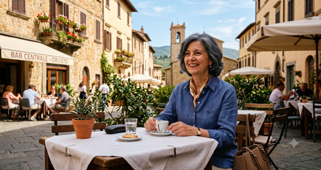 elegant woman over 55 revealing the secrets of Italian women who age gracefully outdoors