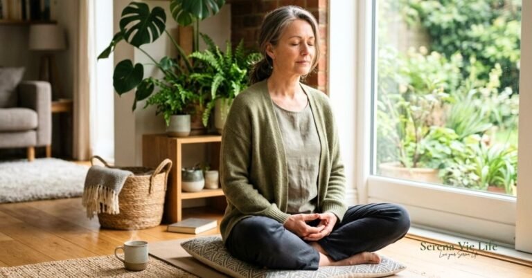 meditation for anxiety and low mood — woman over 45 meditating peacefully at home