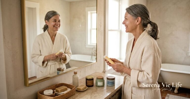 self care routine for women over 50 — woman applying skincare in bathroom mirror