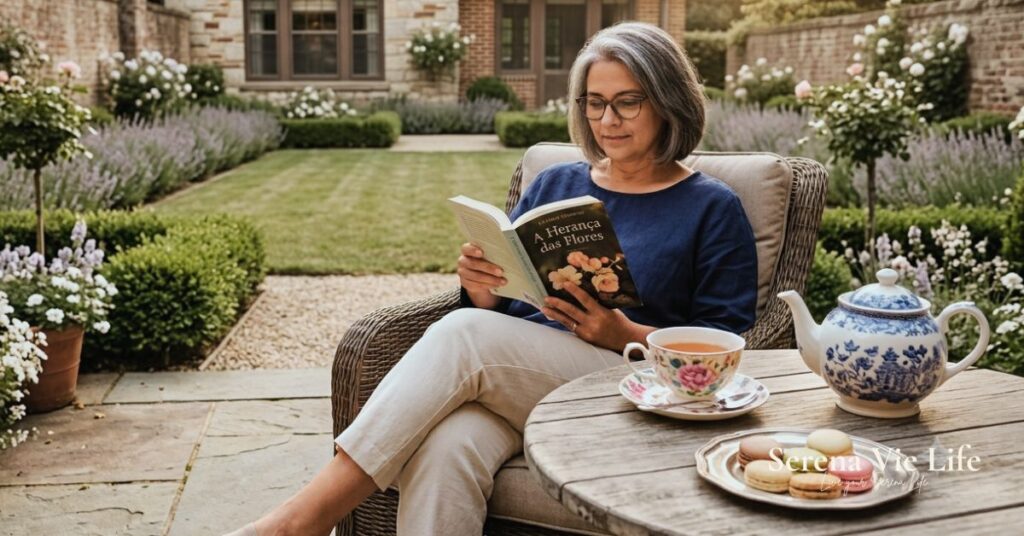 woman over 50 reading book in peaceful garden with cup of tea